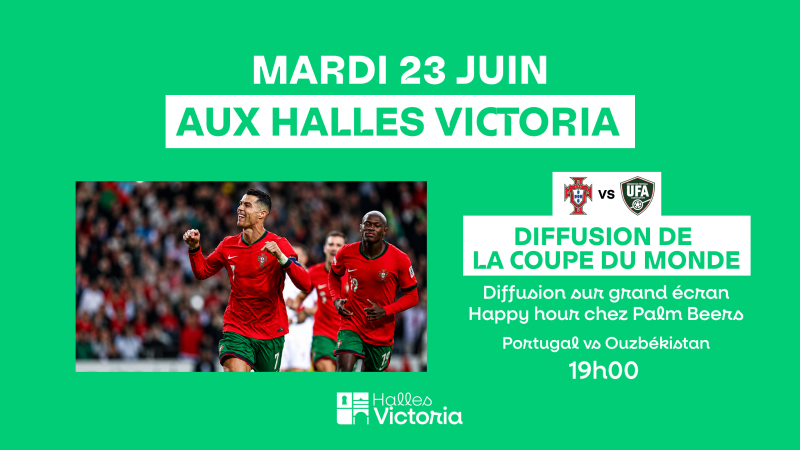Diffusion du match Portugal vs Ouzbékistan aux Halles Victoria à Hyères, avec retransmission de la Coupe du Monde sur grand écran, happy hour et début de la rencontre à 19h00.