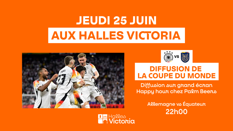 Diffusion du match Allemagne vs Équateur aux Halles Victoria à Hyères, retransmission de la Coupe du Monde sur grand écran avec happy hour et coup d’envoi à 22h00.
